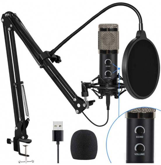 2021 Upgraded USB Condenser Microphone for Computer, Great for Gaming, Podcast, LiveStreaming, YouTube Recording, Karaoke on PC, Plug &amp; Play, with Adjustable Metal Arm Stand, Ideal for Gift, Black