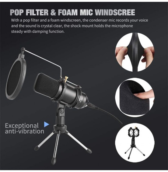 USB Microphone, Professional Condenser Computer PC Mic with Tripod Stand, Pop Filter, Shock Mount for Gaming, Streaming, Podcasting, YouTube, Voice Over, Skype, Twitch, Compatible with Laptop Desktop