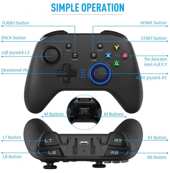 Forty4 Wireless Gaming Controller, Dual-Vibration Joystick Gamepad Computer Game Controller for PC Windows 7/8/10, PS3, Switch- Black