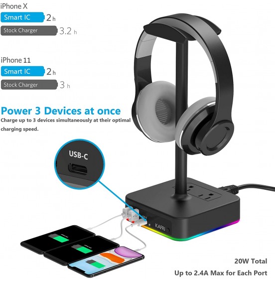 KAFRI RGB Headphone Stand with USB Charger Desk Gaming Headset Holder Hanger Rack with 3 USB Charging Port and 2 Outlet - Suitable for Gamer Desktop Table Game Earphone Accessories Boyfriend Gift