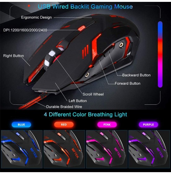 MFTEK RGB Rainbow Backlit Gaming Keyboard and Mouse Combo, LED PC Gaming Headset with Microphone, Large Mouse Pad, Small Compact 87 Keys USB Wired Mechanical Feeling Keyboard for Computer Gamer Office