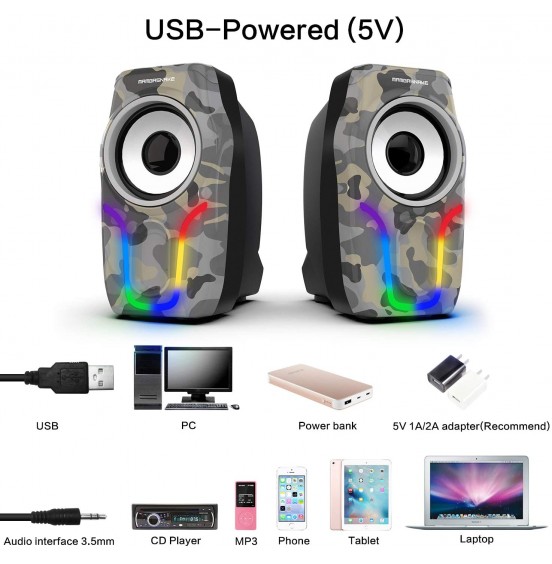 Computer Speakers,2.0 Stereo Volume Control Gaming Speakers with Surround Sound,6 RGB LED Backlit Effect,USB Powered Wired Laptop Speakers with 3.5mm for Desktop Computer/PC/Laptops(White)