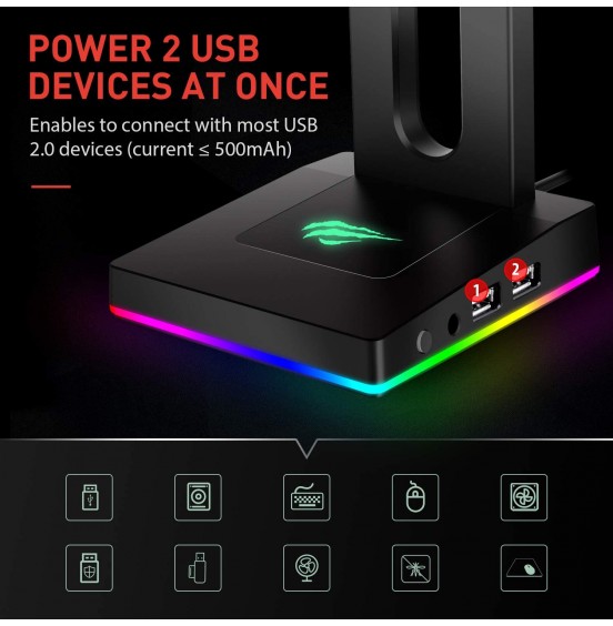 Havit RGB Headphones Stand with 3.5mm AUX and 2 USB Ports, Headphone Holder for Gamers Gaming PC Accessories Desk