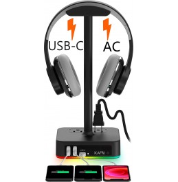 KAFRI RGB Headphone Stand with USB Charger Desk Gaming Headset Holder Hanger Rack with 3 USB Charging Port and 2 Outlet - Suitable for Gamer Desktop Table Game Earphone Accessories Boyfriend Gift