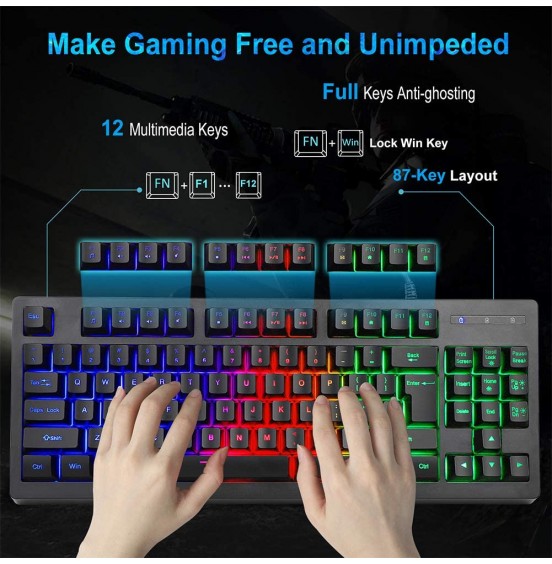 MFTEK RGB Rainbow Backlit Gaming Keyboard and Mouse Combo, LED PC Gaming Headset with Microphone, Large Mouse Pad, Small Compact 87 Keys USB Wired Mechanical Feeling Keyboard for Computer Gamer Office