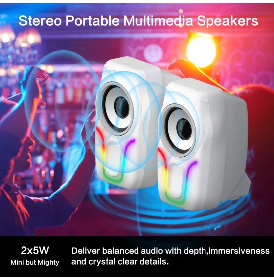 Computer Speakers,2.0 Stereo Volume Control Gaming Speakers with Surround Sound,6 RGB LED Backlit Effect,USB Powered Wired Laptop Speakers with 3.5mm for Desktop Computer/PC/Laptops(White)