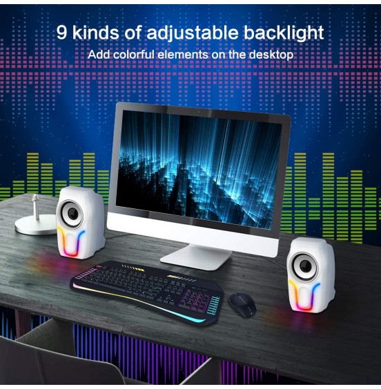 Computer Speakers,2.0 Stereo Volume Control Gaming Speakers with Surround Sound,6 RGB LED Backlit Effect,USB Powered Wired Laptop Speakers with 3.5mm for Desktop Computer/PC/Laptops(White)